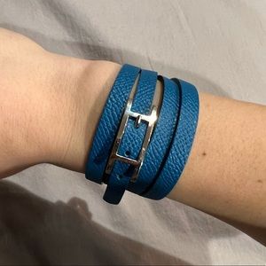Hermes Blue Wrap Bracelets with Silver H Buckle